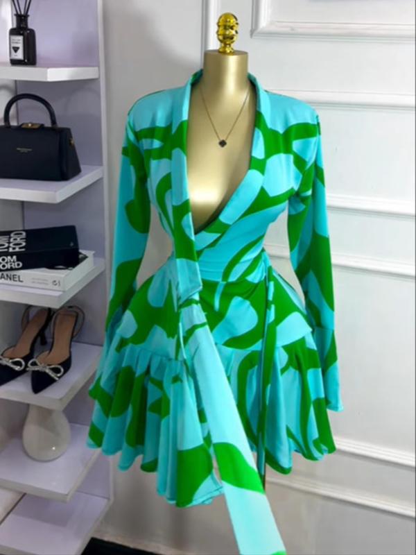 Women's Tie-Dye Print Flare Long Sleeve Dress, V-Neck Bow Hem, Fall Winter Wear, Elegant Vacation Party Birthday Dress