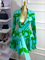 Women's Tie-Dye Print Flare Long Sleeve Dress, V-Neck Bow Hem, Fall Winter Wear, Elegant Vacation Party Birthday Dress