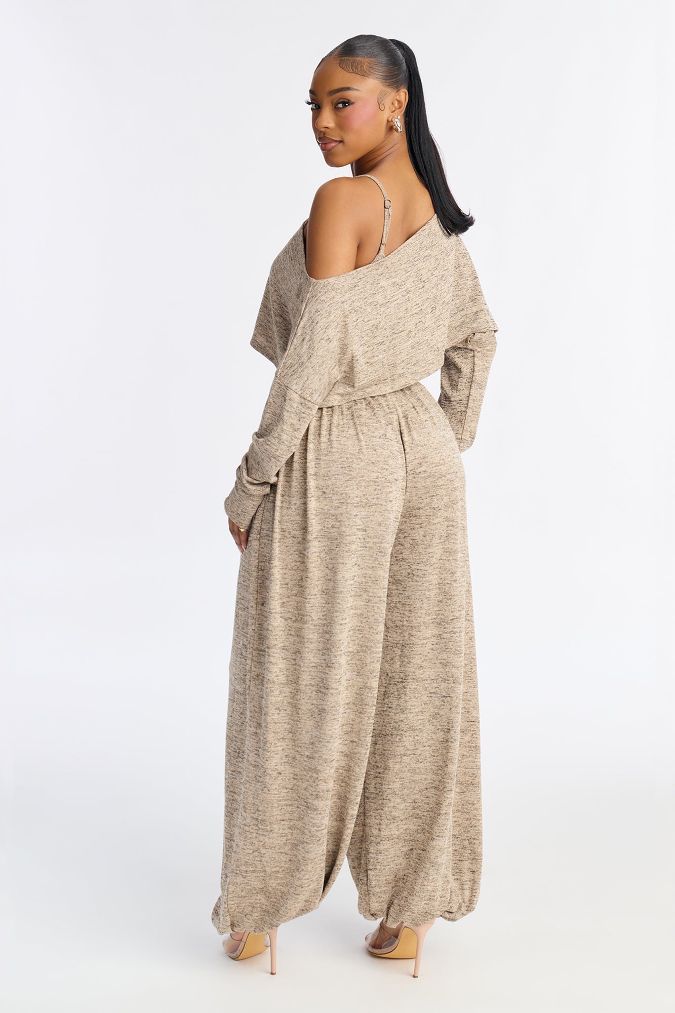 Alania 2 Piece Draped Sweater Balloon Leg Jumpsuit - Brown/combo