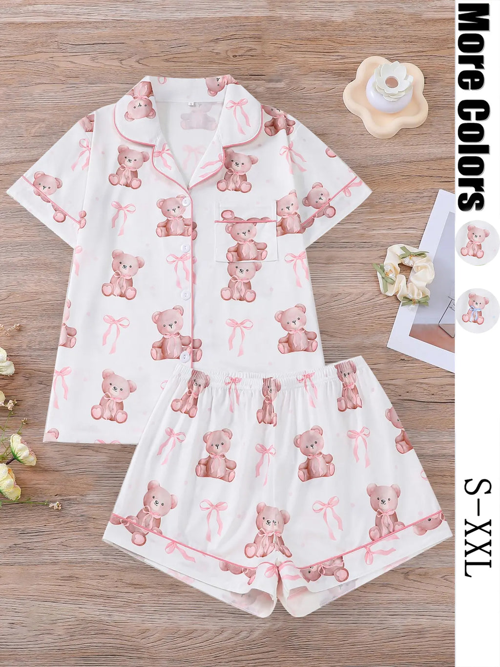 Women's Bear Print Knit Short Sleeve Top & Elastic Waist Shorts Pajama Set
