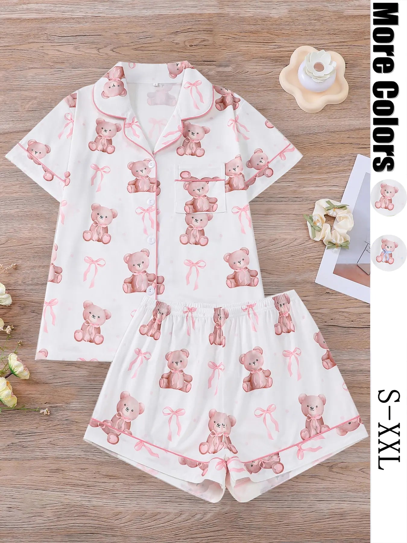 Women's Bear Print Knit Short Sleeve Top & Elastic Waist Shorts Pajama Set