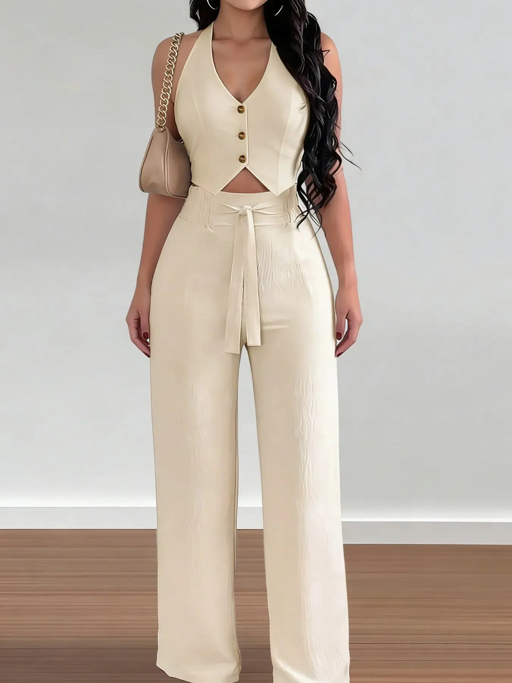 Women's Halter Crop Top & Wide-Leg Pants Set - Comfortable Woven Material
