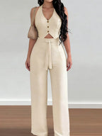 Women's Halter Crop Top & Wide-Leg Pants Set - Comfortable Woven Material