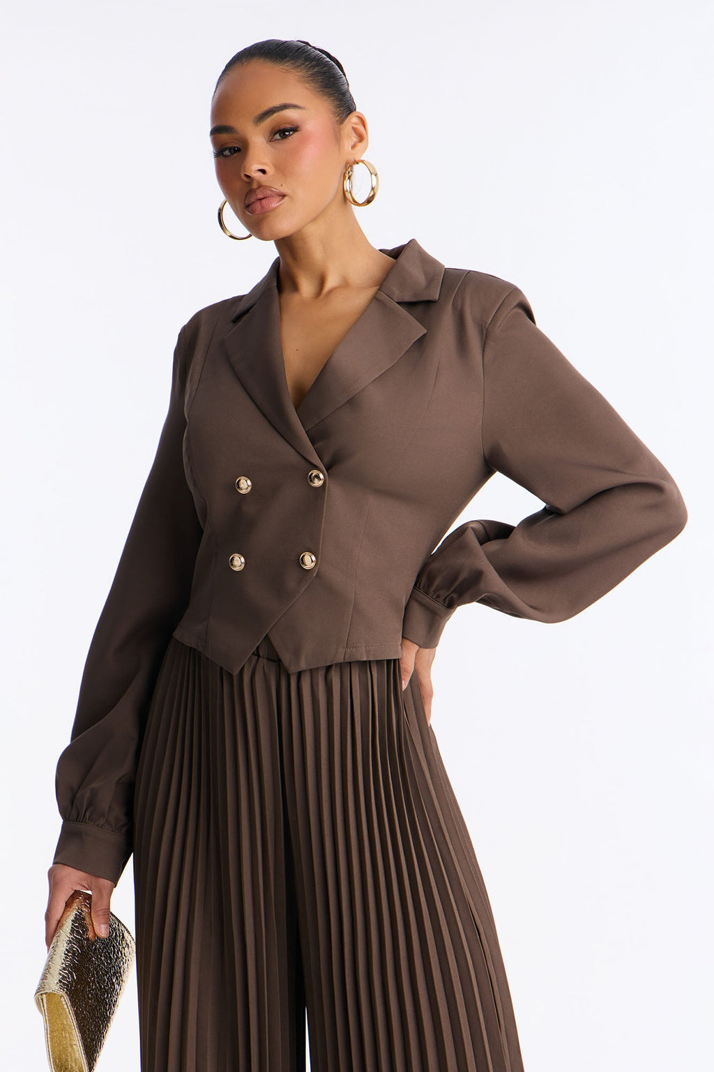 Office Ready Pleated Wide Leg Jumpsuit - Brown