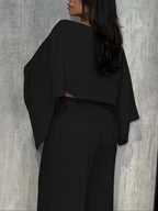 Two-Piece Set Women's Solid Color Knit Top & Elastic Waist Pants