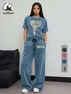 Women's Rock Style "NIRVANA" Graphic Print Cotton Co-ord Set, Vintage Distressed Short Sleeve T-shirt and Trousers Two-piece Set Outfit, Casual Round Neck T-shirt and Elastic Trousers, Summer Everyday Wear