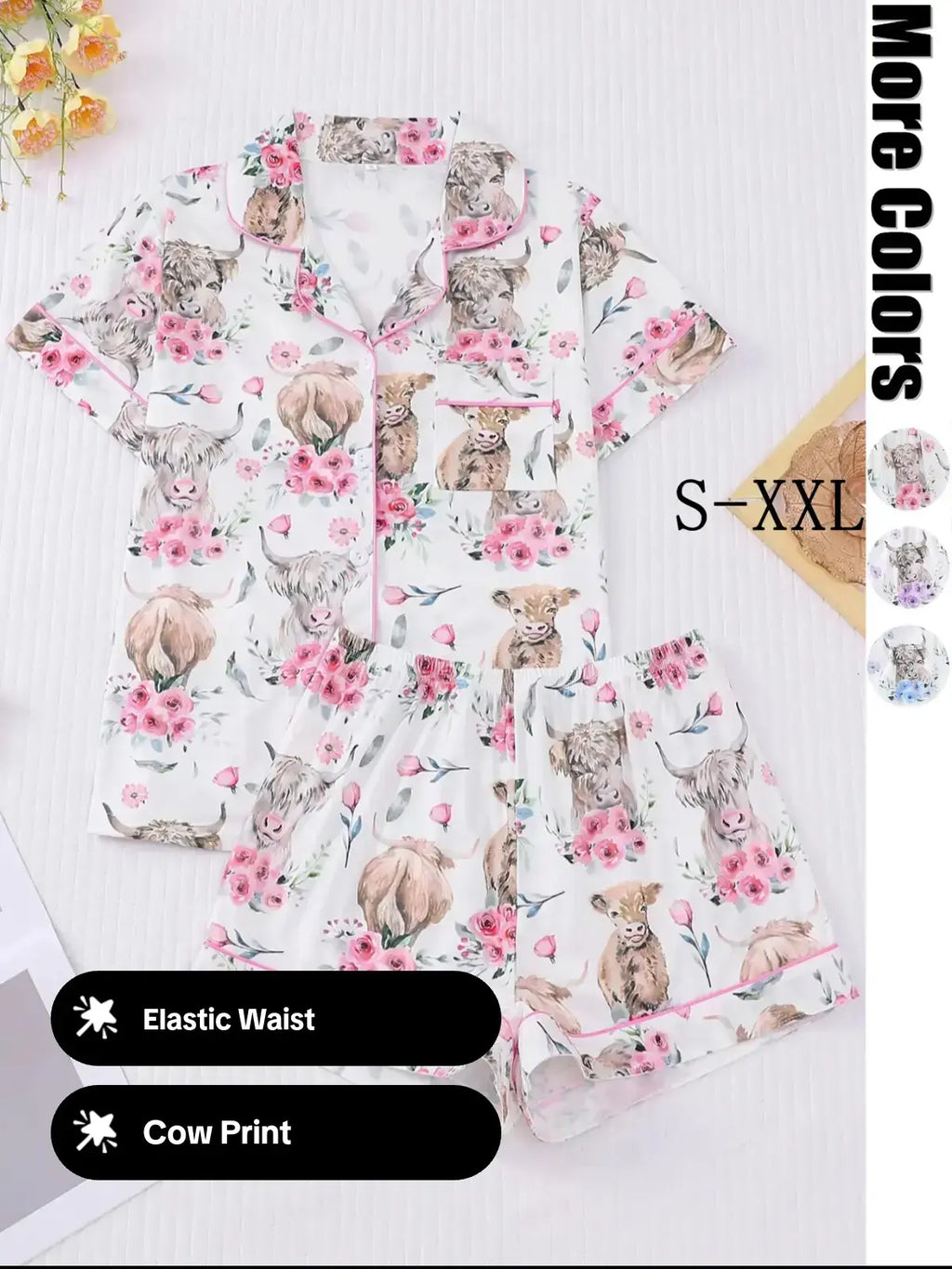 Women's All-Over Cow-Print Contrast-Trim Shirt & Elastic-Waist Shorts Pajama Loungewear Set, Casual Comfy Short Sleeve Collared Top & Shorts PJ Two-Piece Set