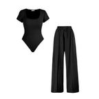 Women's Trendy Square Neck Shaping Bodysuit & High Waist Wide Leg Pockets Trousers Co-ord,Short Sleeve Shapewear,Two-Piece Outfit for Womenswear