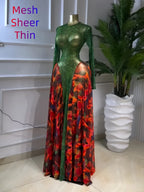 Elegant Chic Women's O-neck Long Sleeve Big Swing A-line Formal Prom Dress, Evening Formal Wear, Sexy Party Outfit Evening Gown, Street Beach Summer Vacation Maxi Sheer Print Dress, Female Fashion Music Festival Dress,Lady Cocktail Skirt