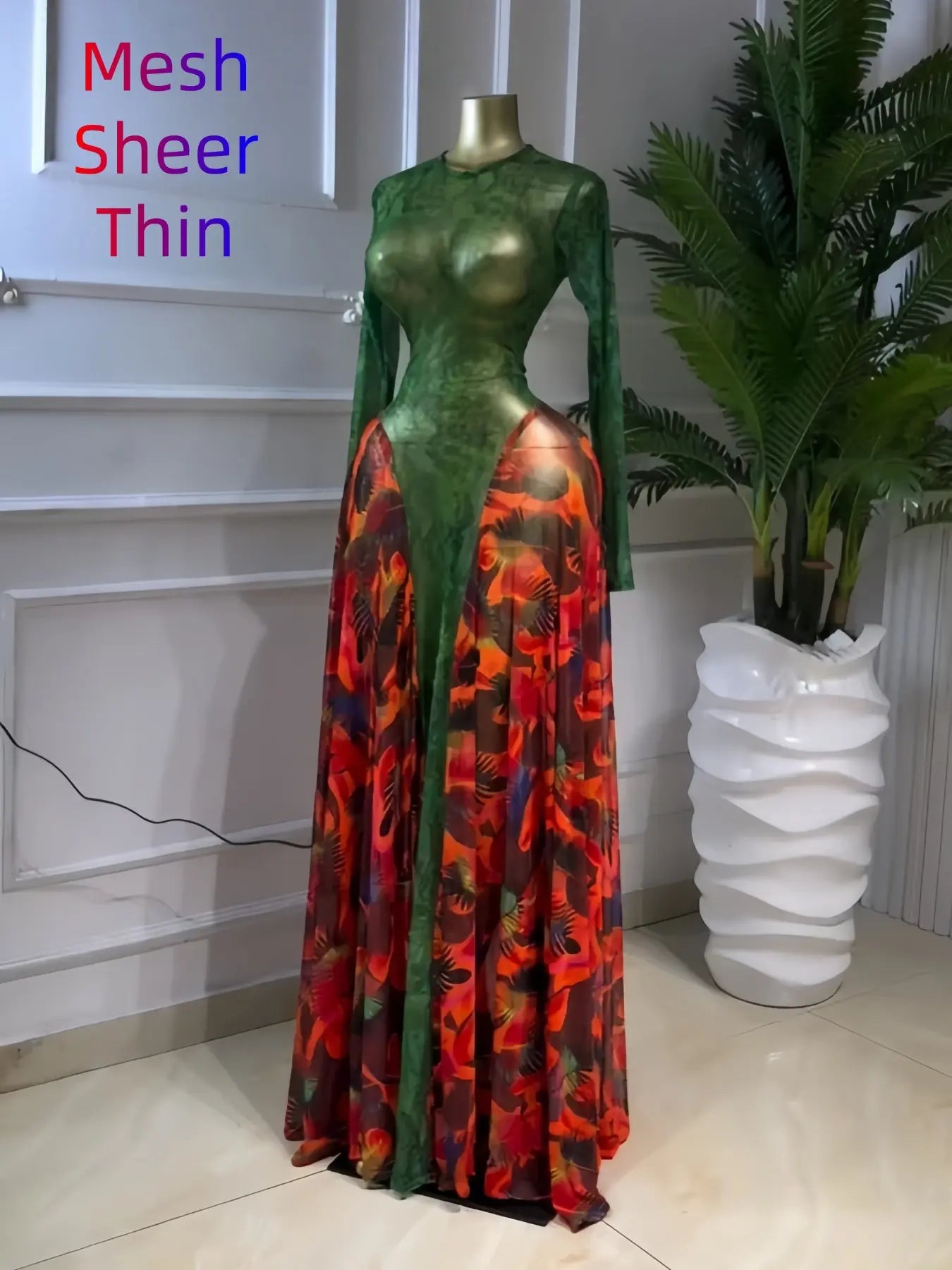 Elegant Chic Women's O-neck Long Sleeve Big Swing A-line Formal Prom Dress, Evening Formal Wear, Sexy Party Outfit Evening Gown, Street Beach Summer Vacation Maxi Sheer Print Dress, Female Fashion Music Festival Dress,Lady Cocktail Skirt