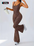 Women's Leopard Print Yoga Jumpsuit - Cross Strap, Slim Fit
