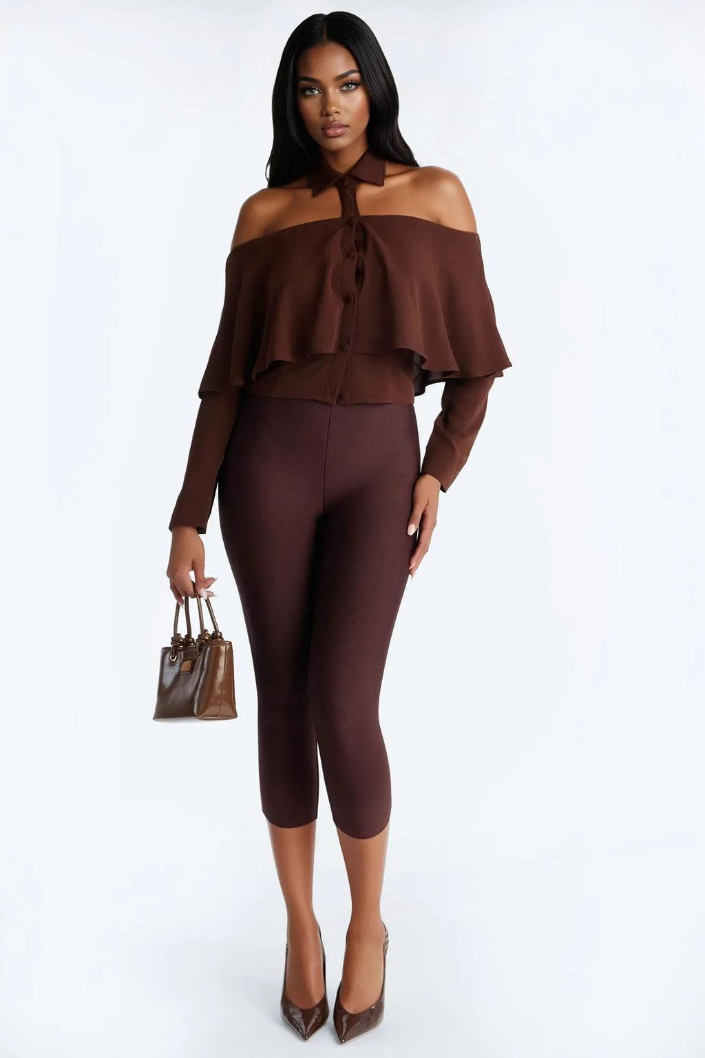 Destiny Off Shoulder Collar Shirt - Brown