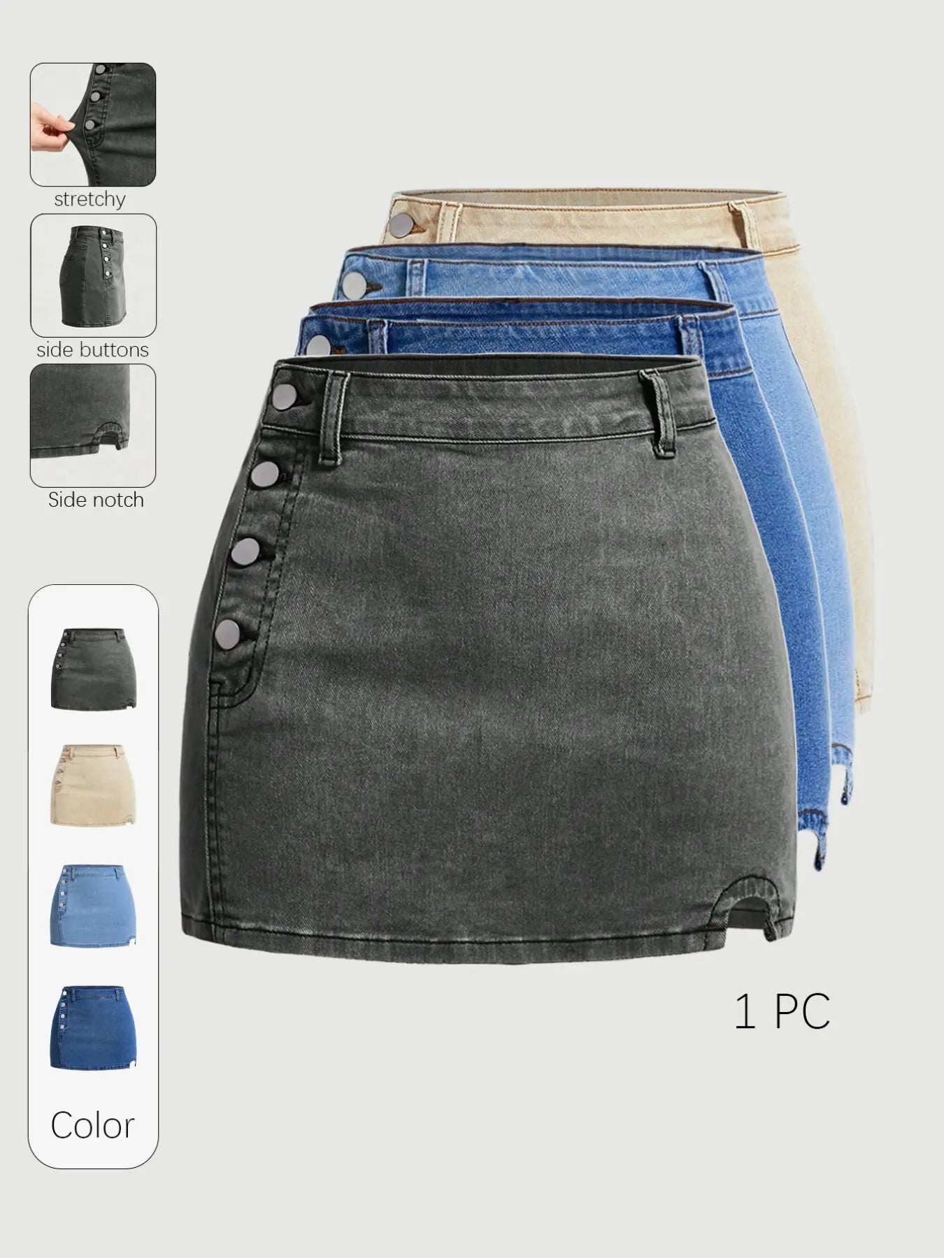 Women's Denim Skirt, Slim-Fitting High-Waist Short Skirt, Basic Casual A-Type Design, Button Closure, Plain Pattern, Summer Fashion