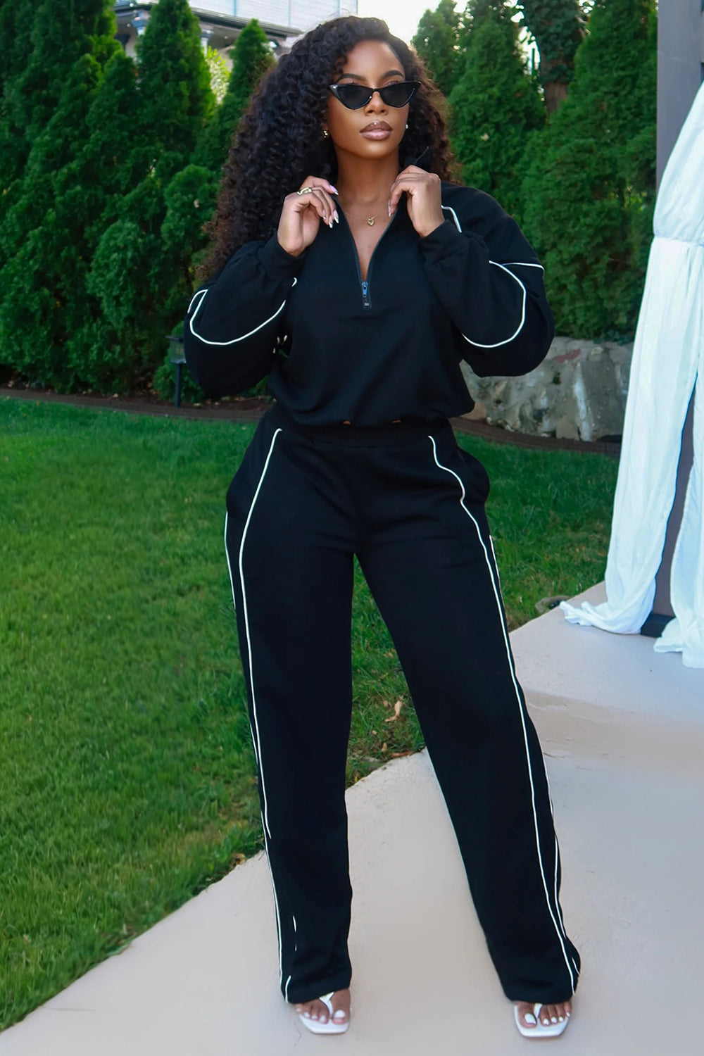 Contrast Line Half-Zip Sweatshirt Wide Leg Pants 2pcs Set-Black