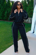Contrast Line Half-Zip Sweatshirt Wide Leg Pants 2pcs Set-Black