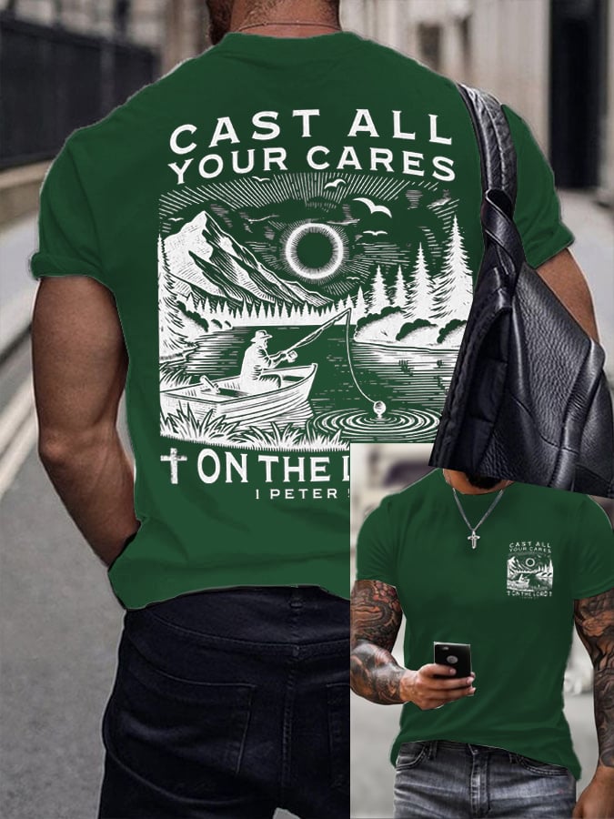 Men's Retro Faith Fishing Hunting Print T-Shirt