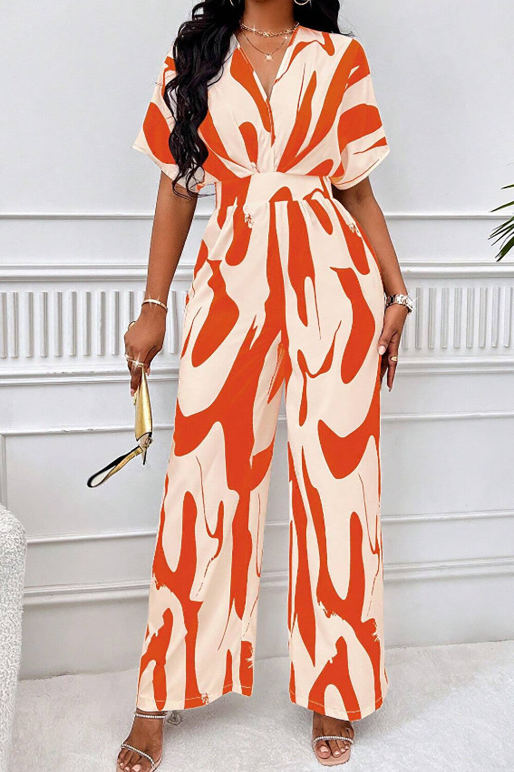 Abstract Print V Neck Short Sleeve High Waist Wide Leg Jumpsuit-Black
