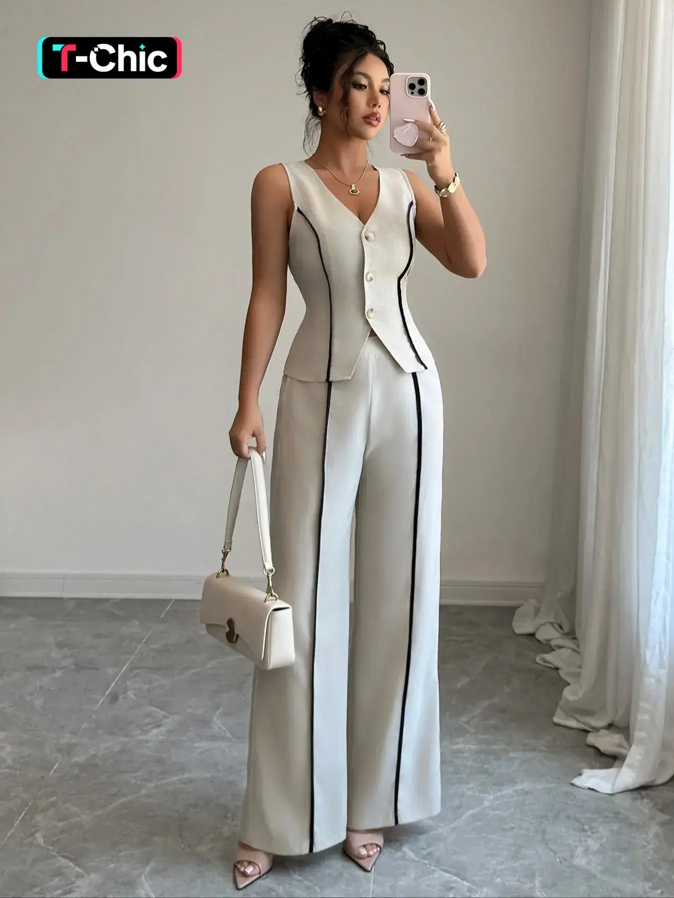 Colorblock V-Neck Sleeveless Button Vest Set Suits with Wide Leg Pants, Spring & Fall Fashion, Minimalist, Slim Fit, Plain Pattern, Natural Waist, Womenswear
