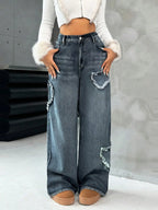 Women's Classic New Heart Embroidered Straight-Leg Jeans, Fashion Elegant Fitted Woven Denim Jeans for All Seasons, Versatile Washed Jean Style, Pants, Embroidery, Womenswear, Everyday