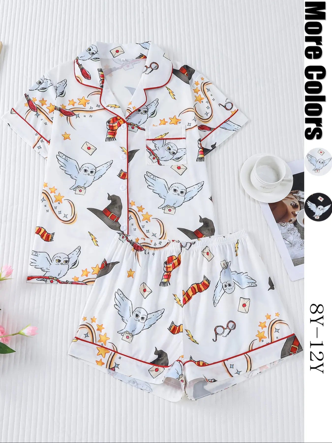 Women's Owl Print Short Sleeve Top & Elastic Waist Shorts Pyjama