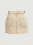 Women's Denim Skirt, Slim-Fitting High-Waist Short Skirt, Basic Casual A-Type Design, Button Closure, Plain Pattern, Summer Fashion