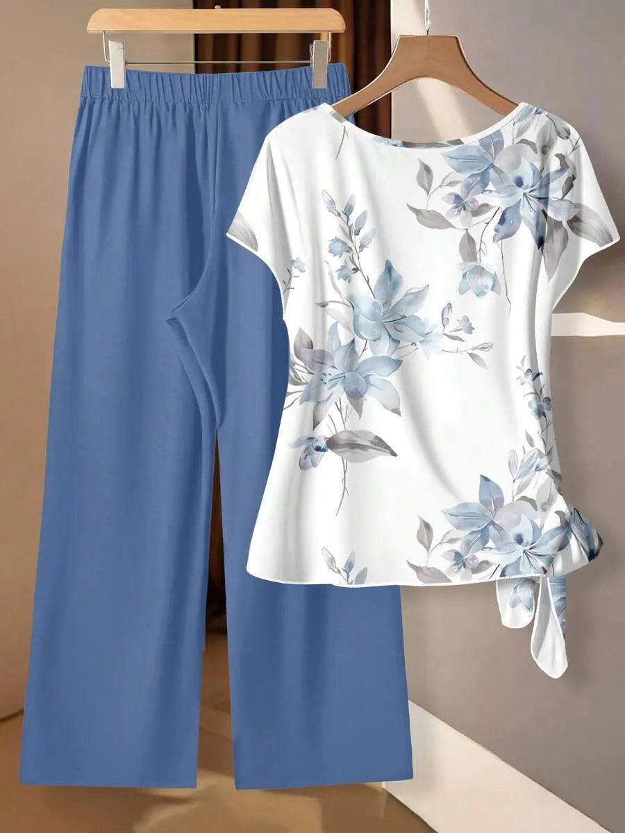 Women's Tie Bow Blouse And Loose Straight Leg Pants 2 Pieces Set,Casual Tropical,Summer Outfits For Women Vacation White Floral Light Yellow