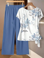 Women's Tie Bow Blouse And Loose Straight Leg Pants 2 Pieces Set,Casual Tropical,Summer Outfits For Women Vacation White Floral Light Yellow