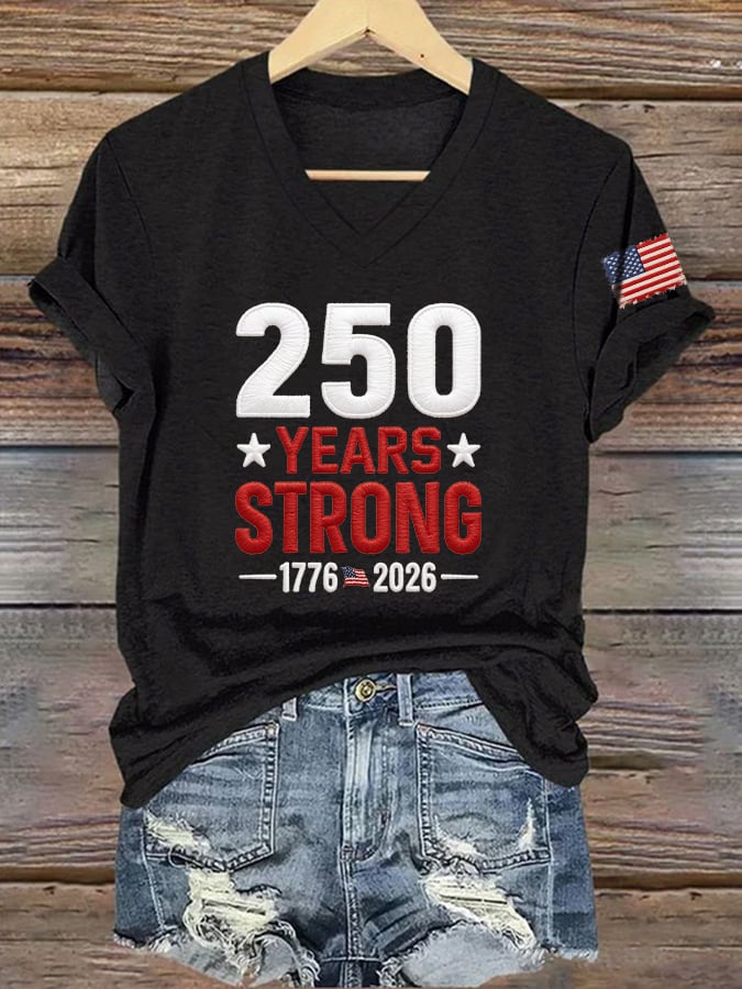 V-Neck Retro 250 Years Strong Print T-Shirt