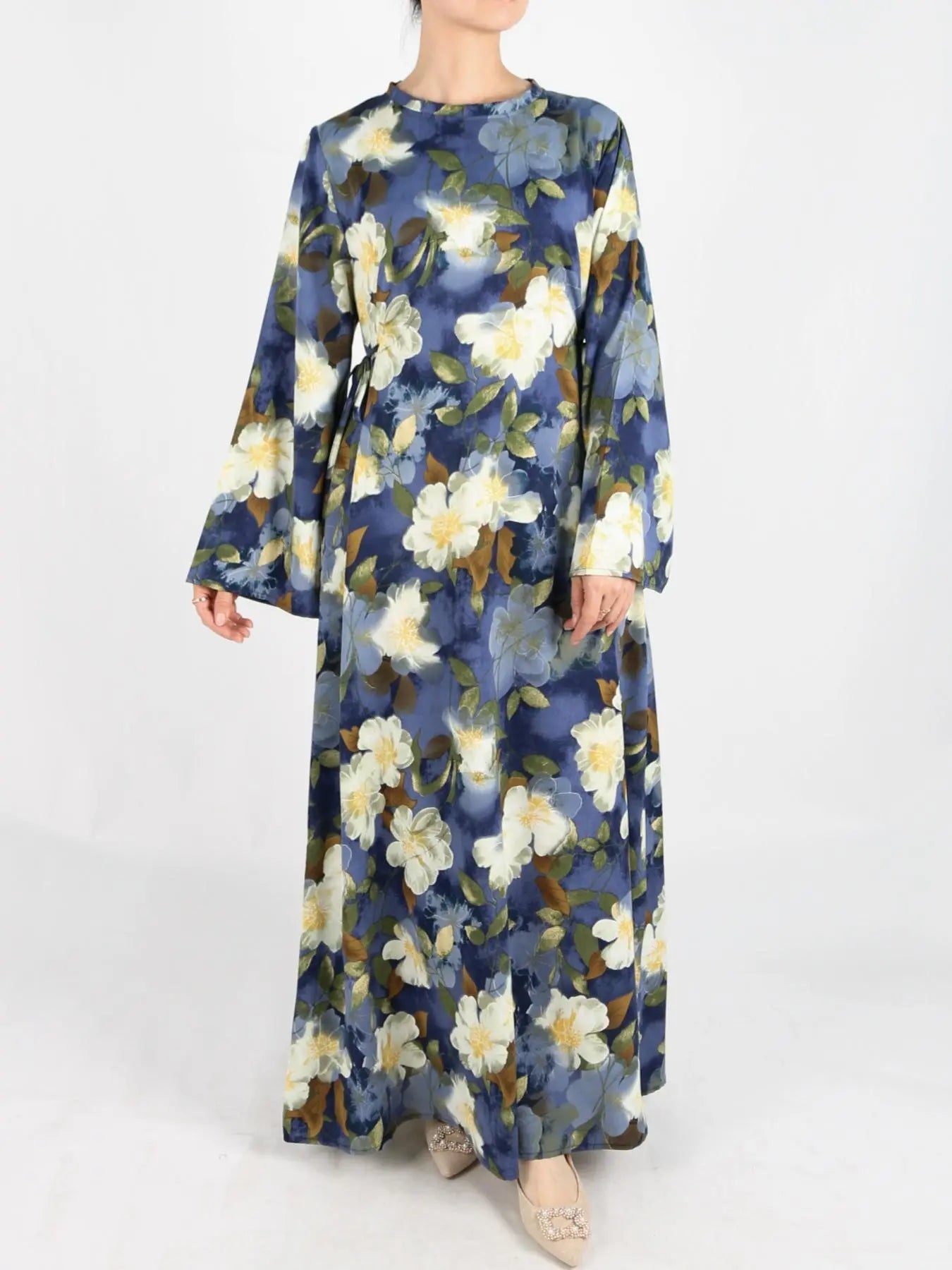 Women's Tie Side Zipper Back Dress, Elegant Long Sleeve Belted Abaya Dress for Daily Wear, Ladies Islamic Clothing for All Seasons, Round Neck Abayas