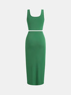 YOZY Solid Ribbed Crop Tank Top & Twist Split Skirt Set, Elegant Square Neck Sleeveless Top & High Waist Bodycon Skirt, 2024 Women's Summer Outfits for Party, Holiday, Vacation