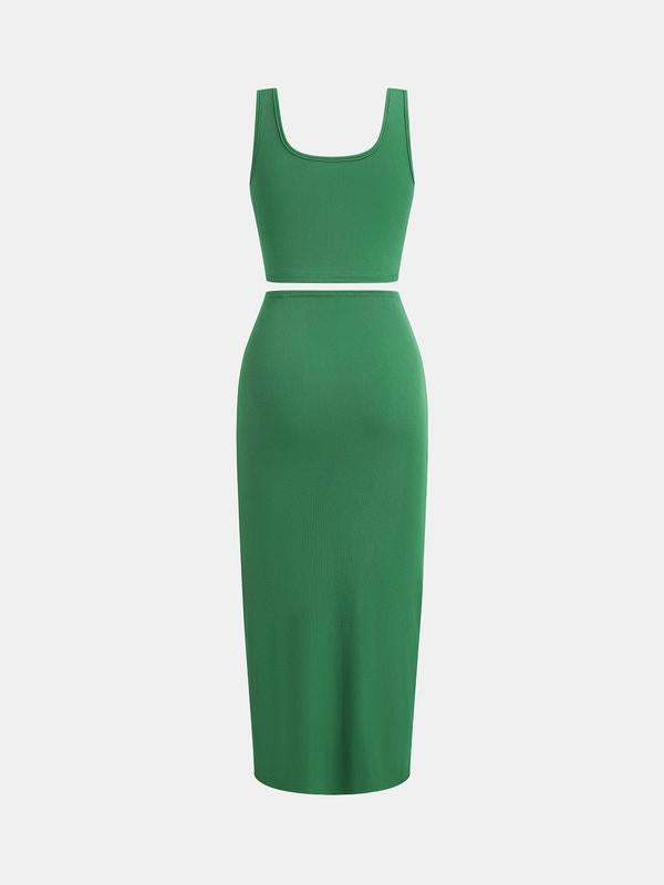 YOZY Solid Ribbed Crop Tank Top & Twist Split Skirt Set, Elegant Square Neck Sleeveless Top & High Waist Bodycon Skirt, 2024 Women's Summer Outfits for Party, Holiday, Vacation