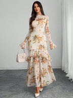Women's Gothic Elegant Sexy Mesh Splicing Colorful Print Retro Petal Sleeves Ruffle Mermaid Hem Double Layer Dress