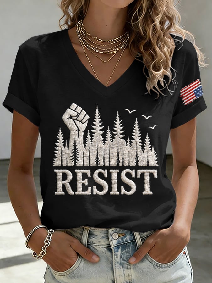 V-Neck Retro Resist Save The Forest Service Print T-Shirt