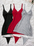 3PCS Slip Into Elegance With This 3pcs Women's Lace Pajama Set. Designed With Sheer Lace Panels And Side Slits