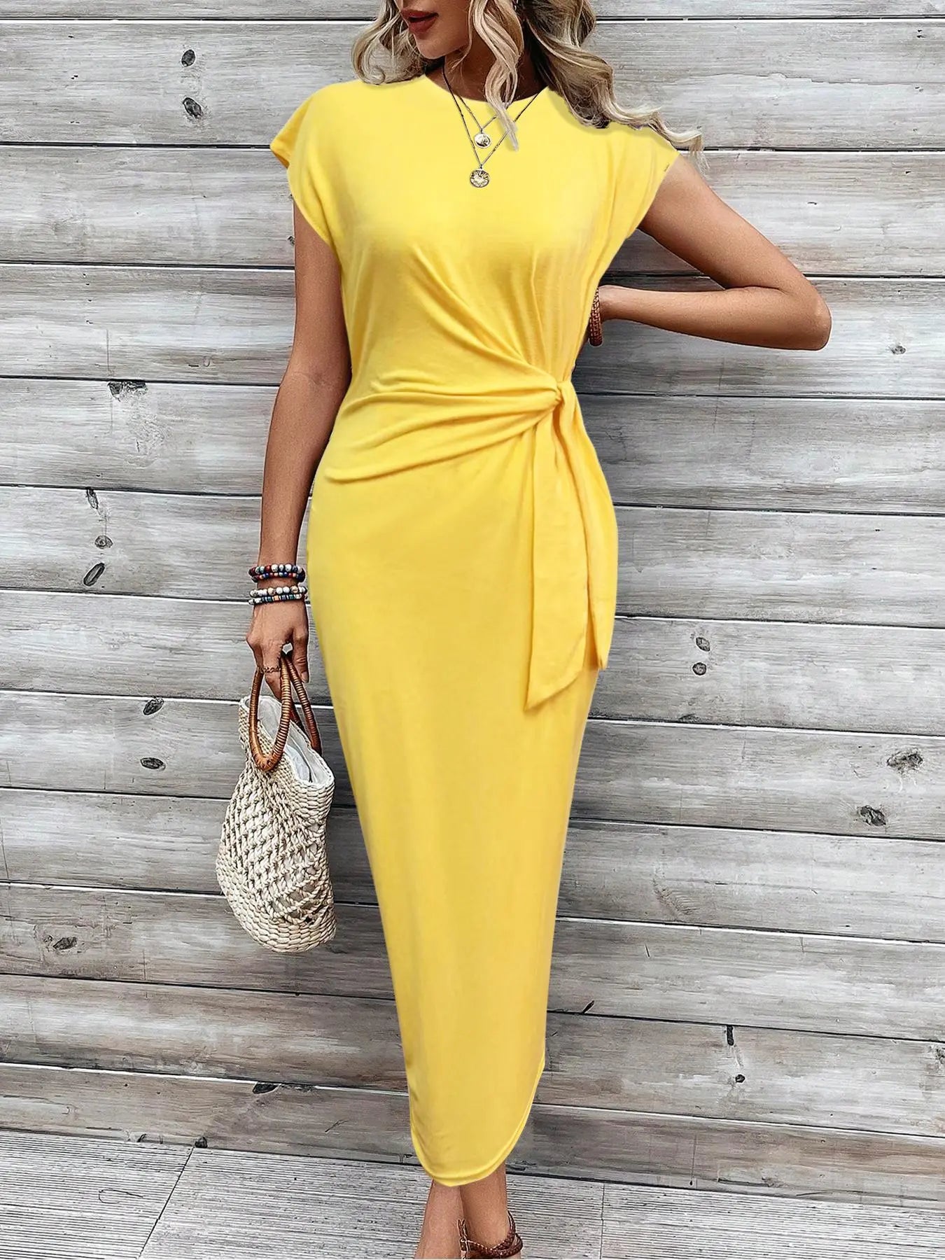 Women's Solid Color / Striped / All Over Print Knot Batwing Sleeve Dress, Casual Short Sleeve Round Neck Long Dress, Ladies Clothes for Beach Holiday, Casual Everyday Wear