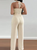 Women's Halter Crop Top & Wide-Leg Pants Set - Comfortable Woven Material