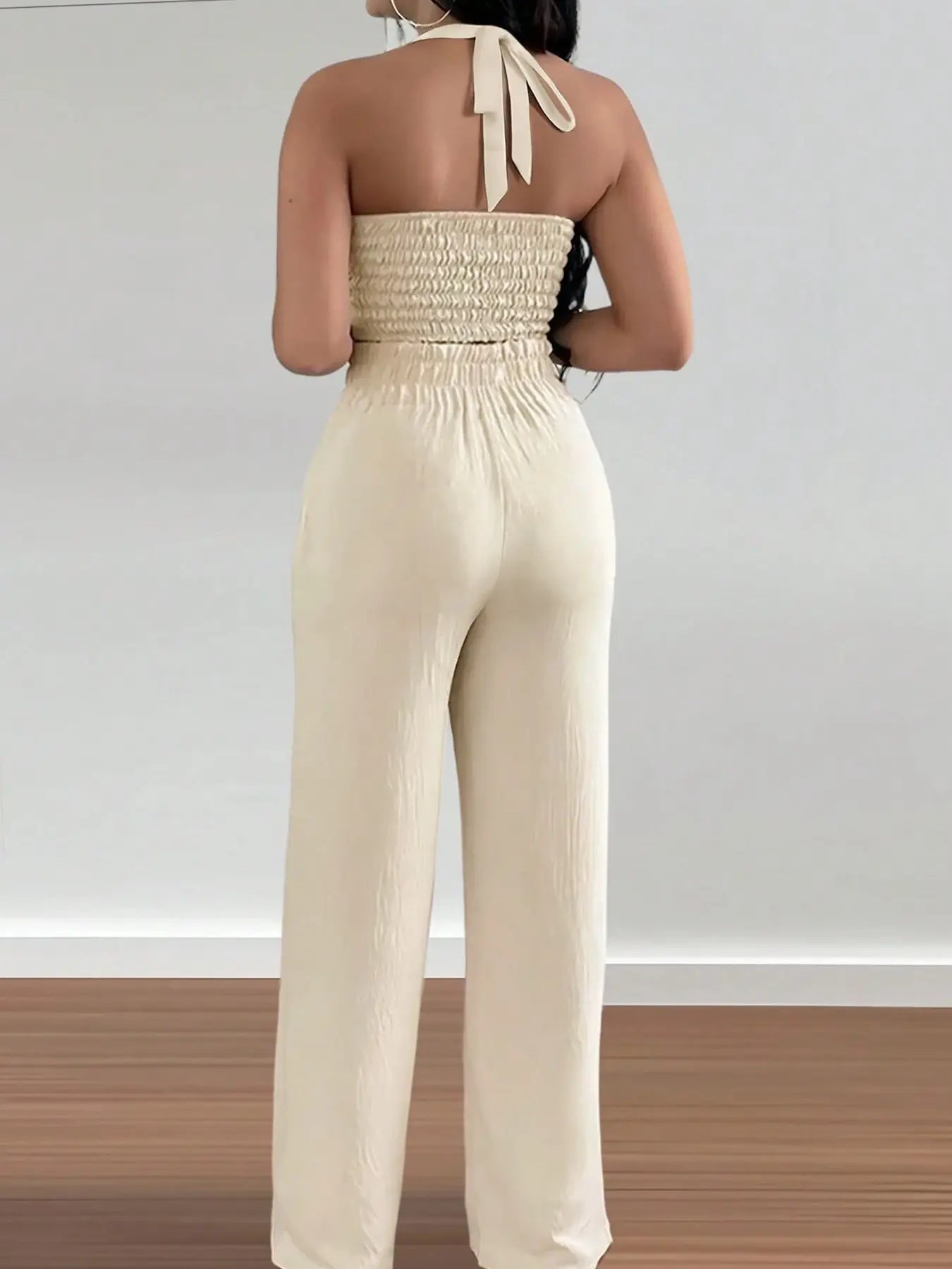 Women's Halter Crop Top & Wide-Leg Pants Set - Comfortable Woven Material