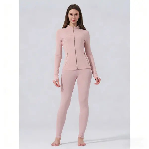 【Golden Zipper】Soft Brushed Women's Sport | Yoga | Quick-dry | Workout Jacket & High Waisted Cropped Leggings. Golden Zipper Jacket with Pockets, Yoga Pants, Thumbholes Design, Casual Slim fit Wear for Women