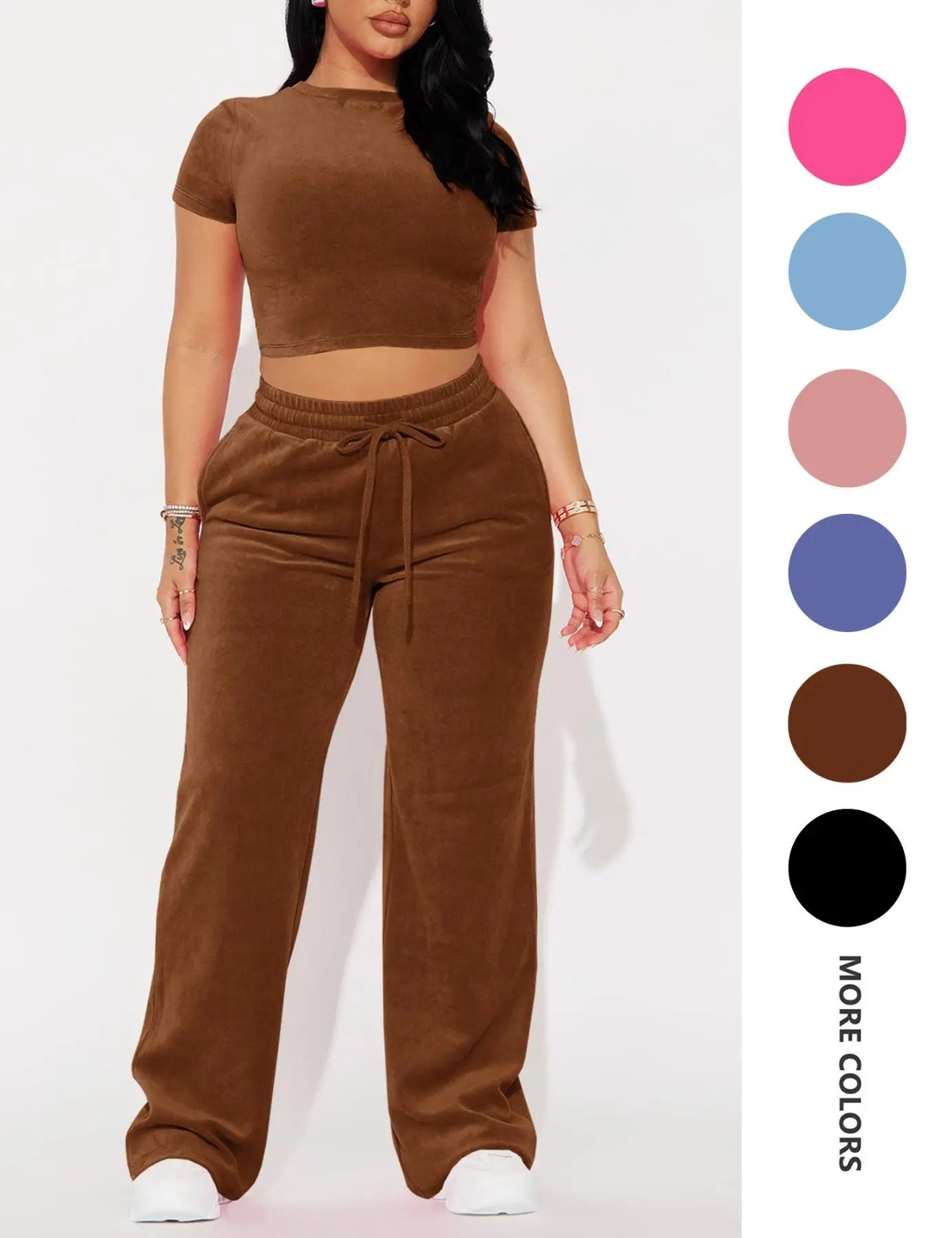 Two-piece Set Women's Solid Crop Tee & Drawstring Waist Pants Velvet Set, Casual Short Sleeve Round Neck T-shirt & Elastic Waist Trousers, Ladies Summer Clothes, Casual Matching Set
