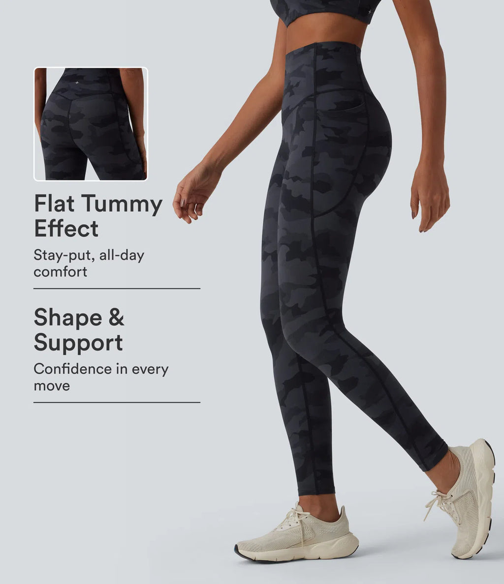 UltraSculptTM Camo Print High Waisted Tummy Control Running Leggings with Pockets