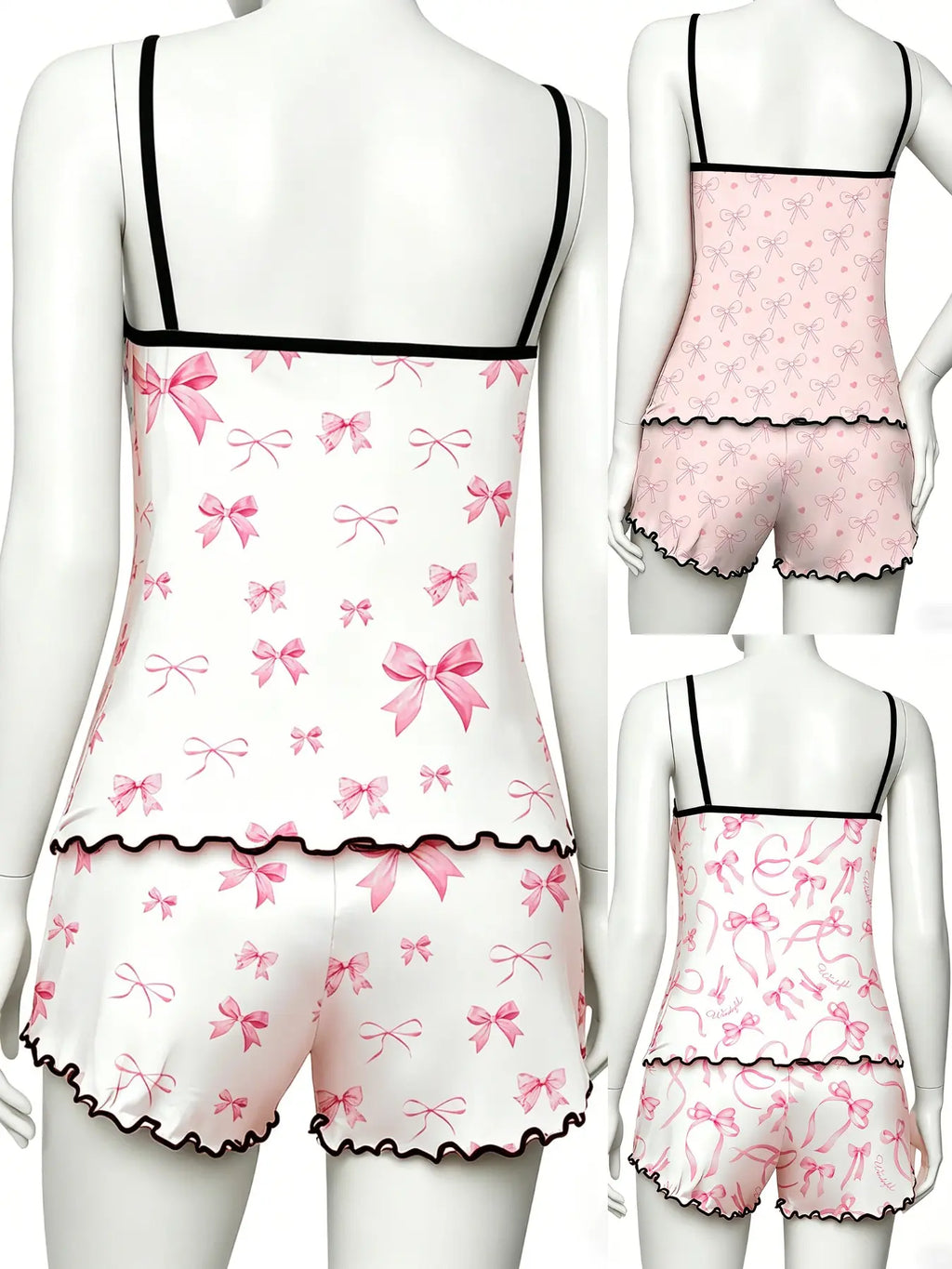 Cherry Print Halter Short Pajamas, Ruffle Trim Design, Sweet Girl Style, Breathable Home Sleepwear, 3-Piece Set
