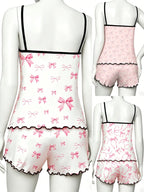Cherry Print Halter Short Pajamas, Ruffle Trim Design, Sweet Girl Style, Breathable Home Sleepwear, 3-Piece Set