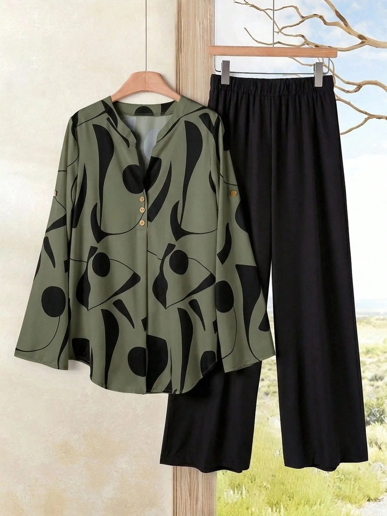 2pcs Women Contrast Color Print Shirt And Pants Set Old Money Style Business Casual Woman Blouse Sets For Ladies Two Piece