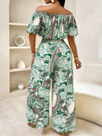 Women's Summer Paisley Print Vintage Vacation Two-Piece Set, Off-Shoulder Bubble Sleeve Crop Top + High Waist Drawstring Wide Leg Pants