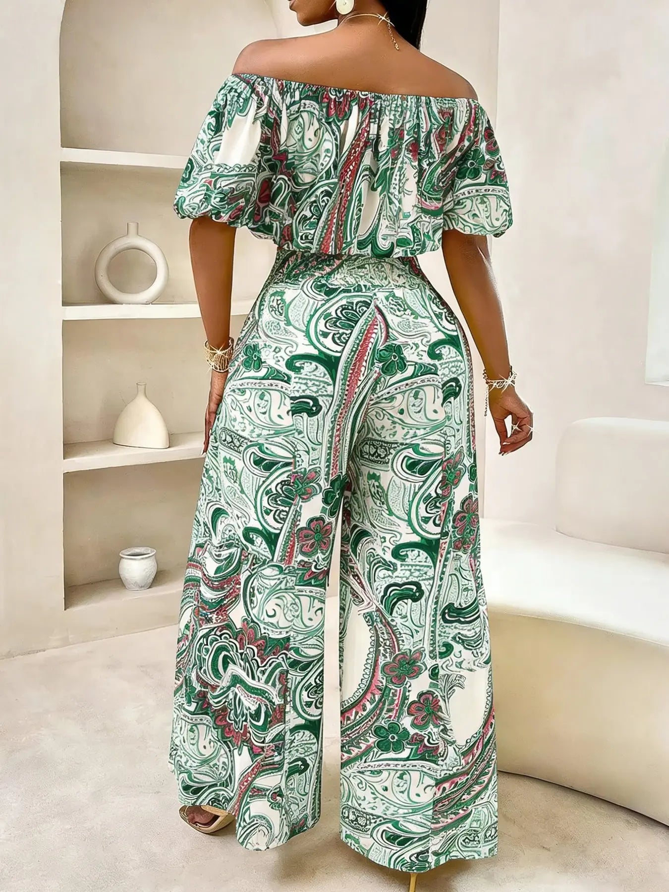 Women's Summer Paisley Print Vintage Vacation Two-Piece Set, Off-Shoulder Bubble Sleeve Crop Top + High Waist Drawstring Wide Leg Pants