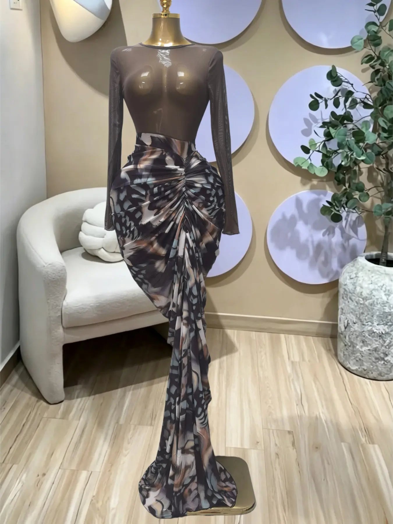 Women's Casual Wear Chic Elegant Tie-Dye, Striped, Patchwork, Printed Ruched Pleats Bodycon Fitted Midi Dress, Fall Winter Vacation Party, O-neck Elastic, Holiday Beach Dress Womenswear Maxi