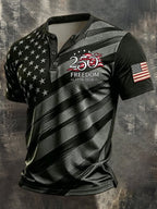 Men's Retro Patriotic Color-Block Short-Sleeve Henley Shirt