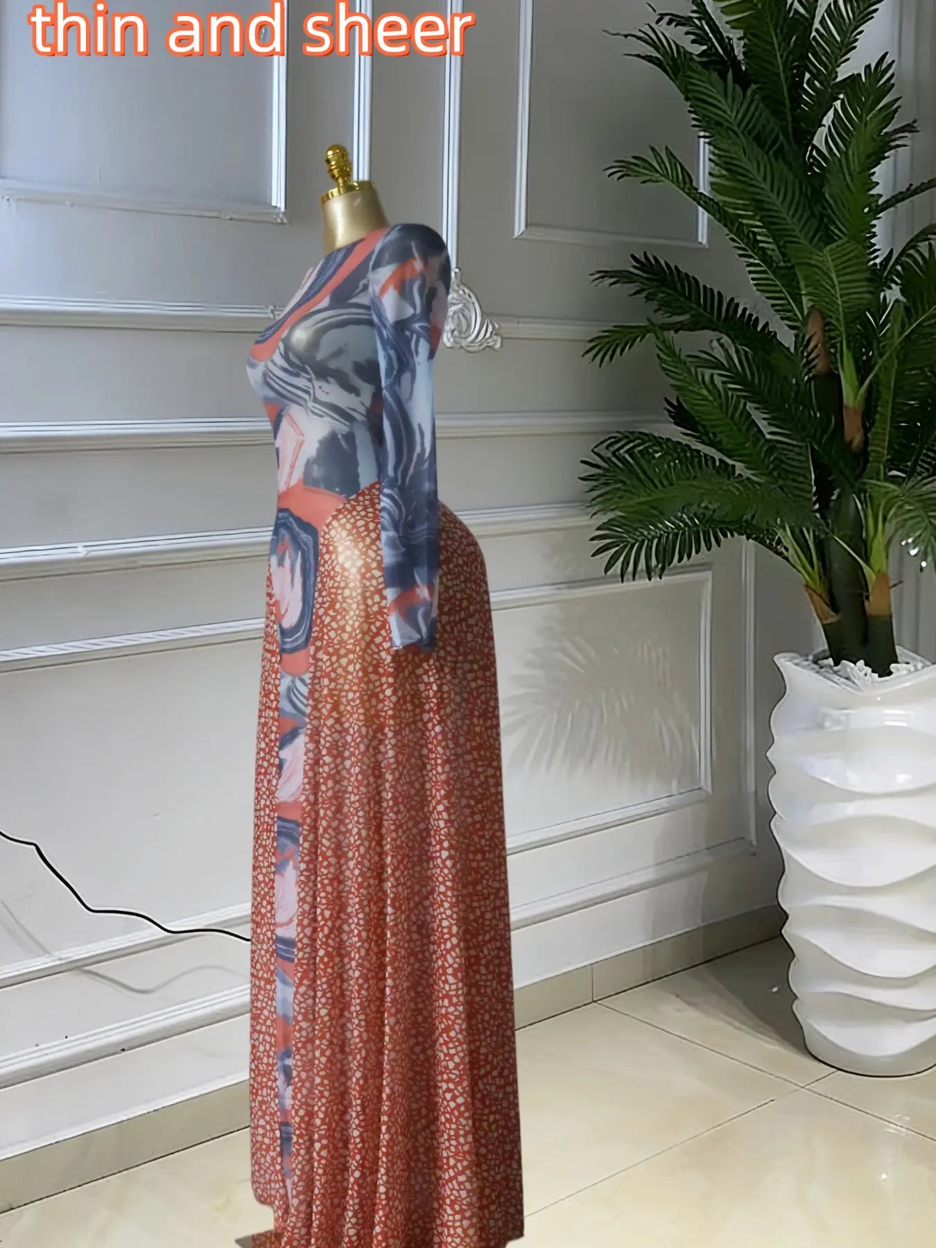 Elegant Chic Women's O-neck Long Sleeve Big Swing A-line Formal Prom Dress, Evening Formal Wear, Sexy Party Outfit Evening Gown, Street Beach Summer Vacation Maxi Sheer Print Dress, Female Fashion Music Festival Dress,Lady Cocktail Skirt