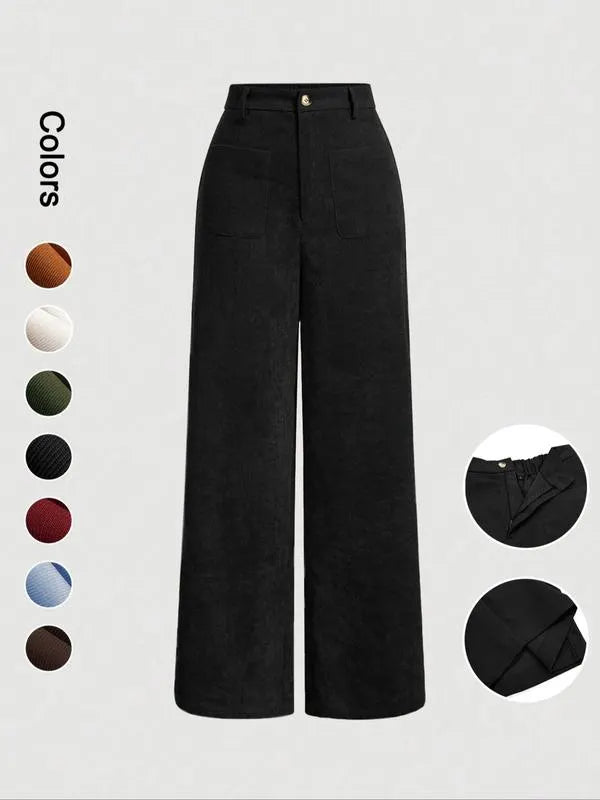 Women's Plain Pocket Button Front Wide Leg Pants, Casual High Waist Trousers for Daily Wear, Ladies Bottoms for All Seasons
