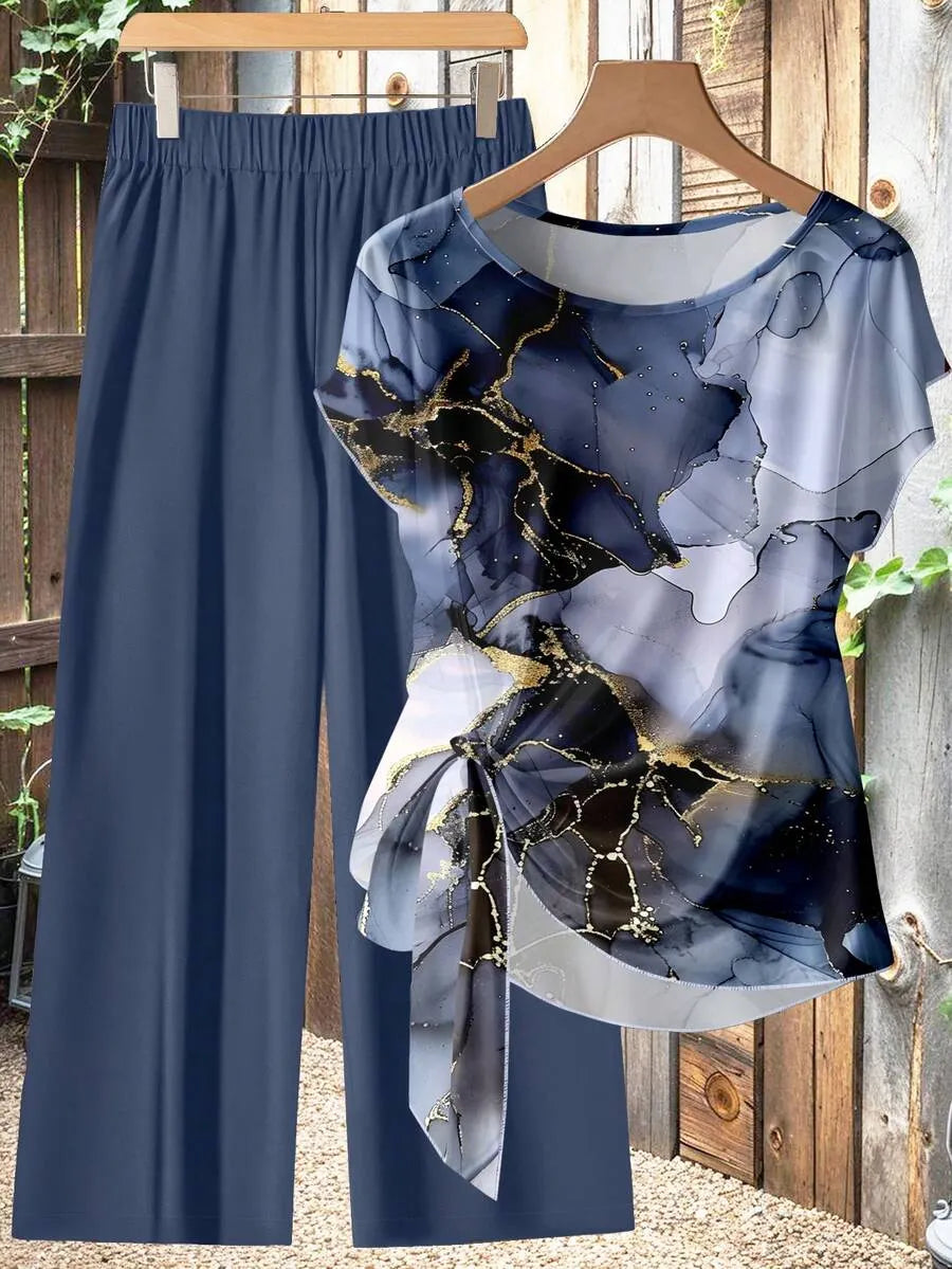 Women's Aqua Blue Summer Casual Vacation Holiday 2 Pieces Set,Abstract Floral Pattern Shirt With Tie Bow & Loose Straight Leg Pants,Vintage Style